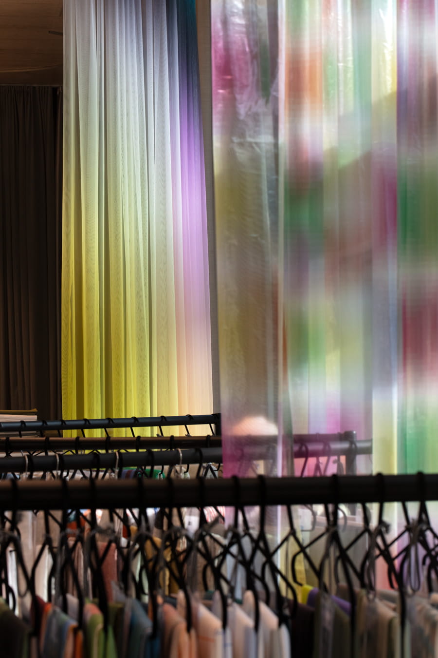 Fabric samples and sheer curtains in the showroom