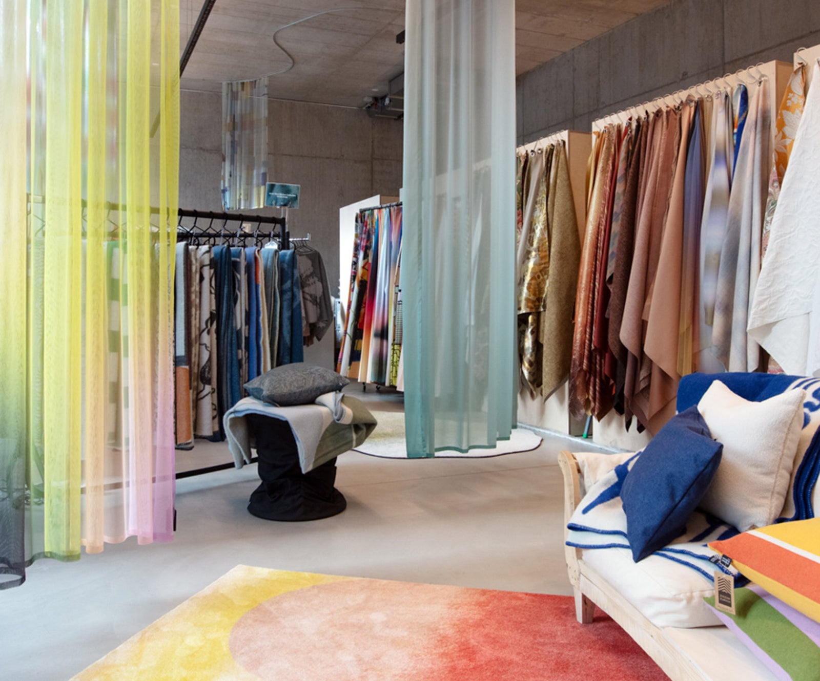 Sheer curtains and fabric samples inside the 4Spaces Zurich showroom
